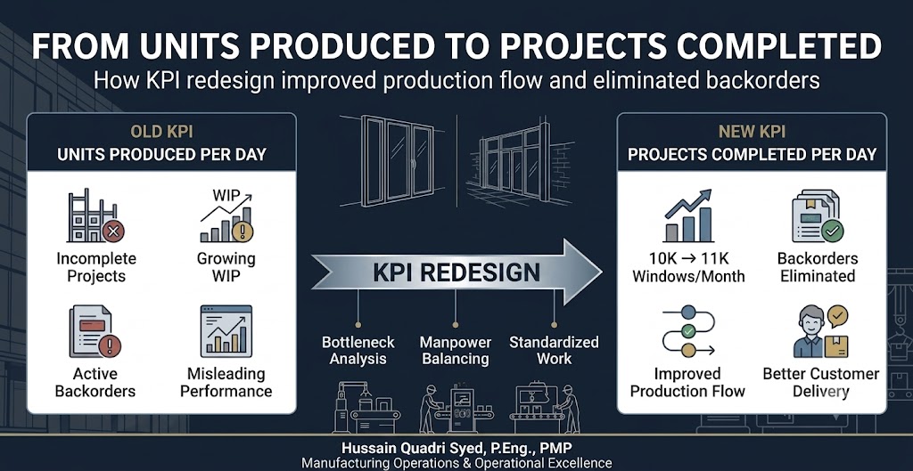 Manufacturing KPI redesign comparing units produced per day with completed customer projects per day.